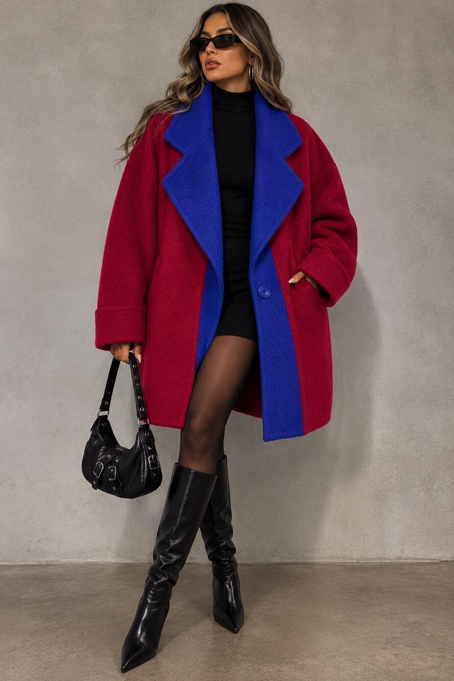 Vintage 80s Bernard Perris Paris Wool Coat M Red Blue Oversized Statement